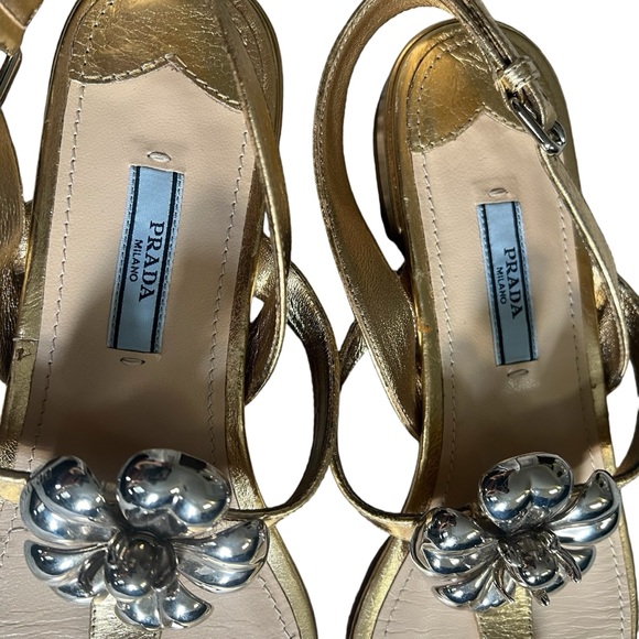 Prada Gold & Silver Large Flower Sandals Sz 38 - Picture 3 of 8